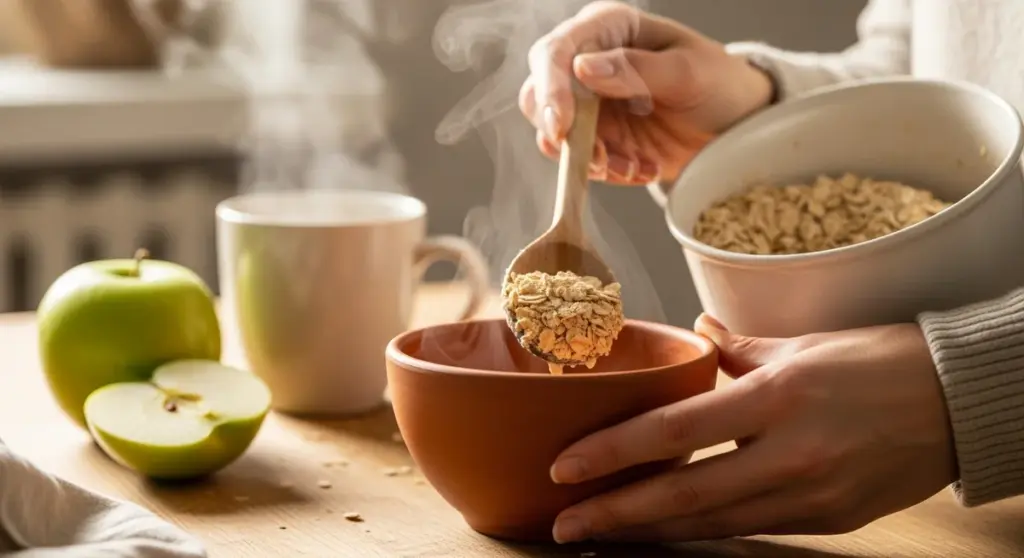 A person uses a wooden spoon to transfer oatmeal from a bowl into an empty ceramic bowl beside an apple