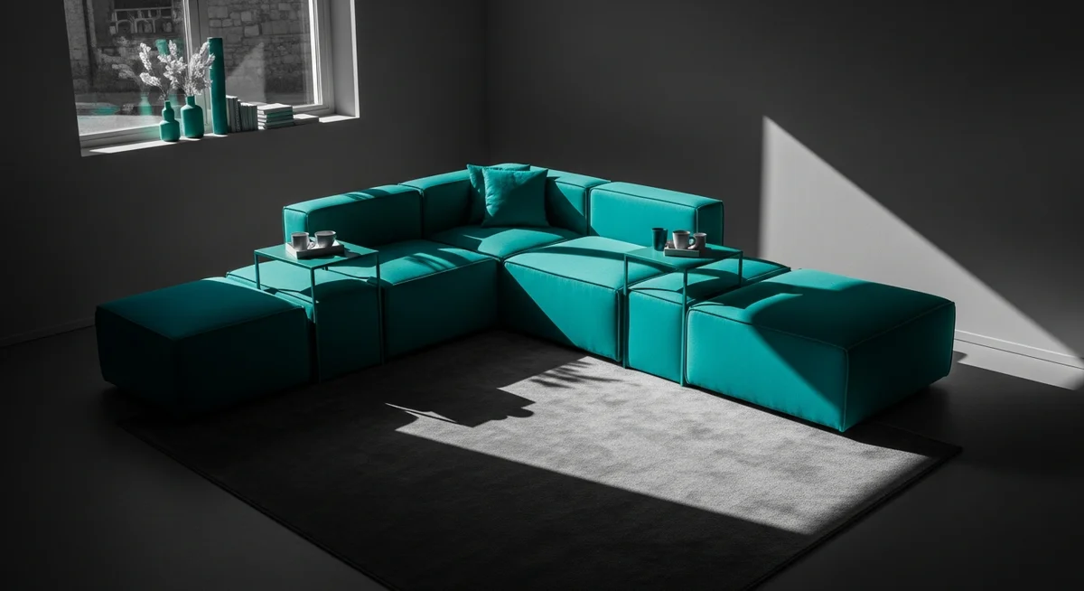 A flexible modular sofa in a well-lit, organized living space.