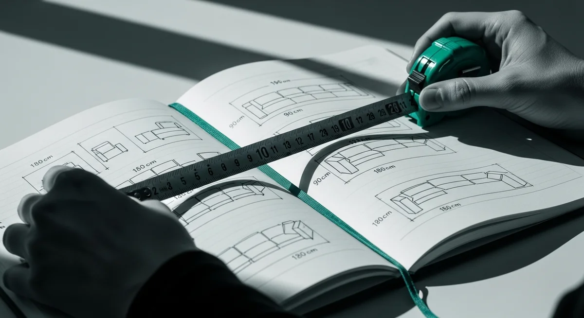 Hands measuring a planner notebook with modular sofa sketches.