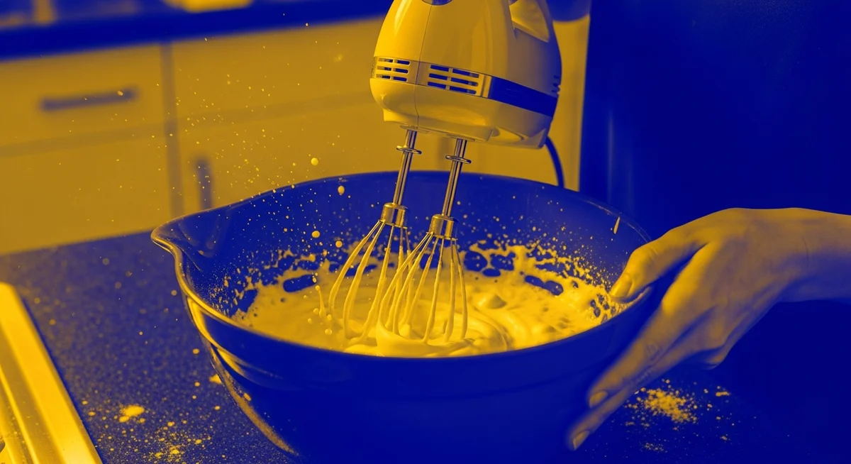 Hands whisking egg whites with an electric mixer in a duotone style.