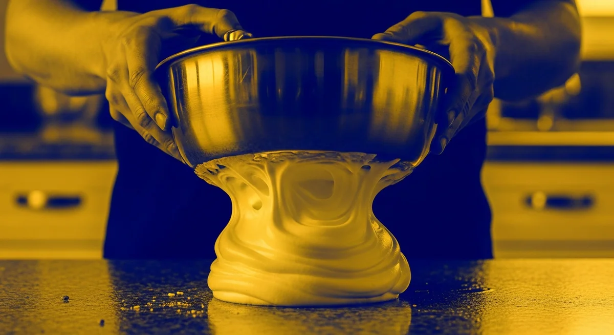 Inverted bowl with firm, whipped egg whites in a duotone style.