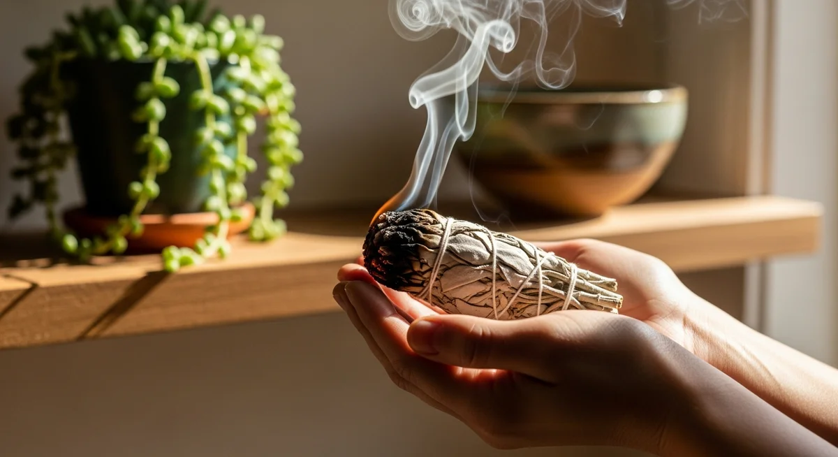 Hands gently holding a smoldering bundle of white sage, with smoke rising in a sunlit, natural home setting.