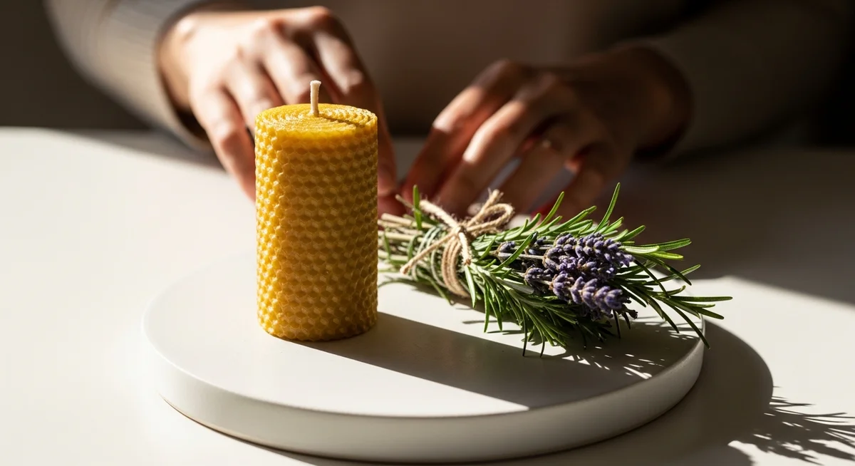 A neat setup for home purification with an unlit beeswax candle and herbs on a ceramic plate, suggesting safety and mindfulness.