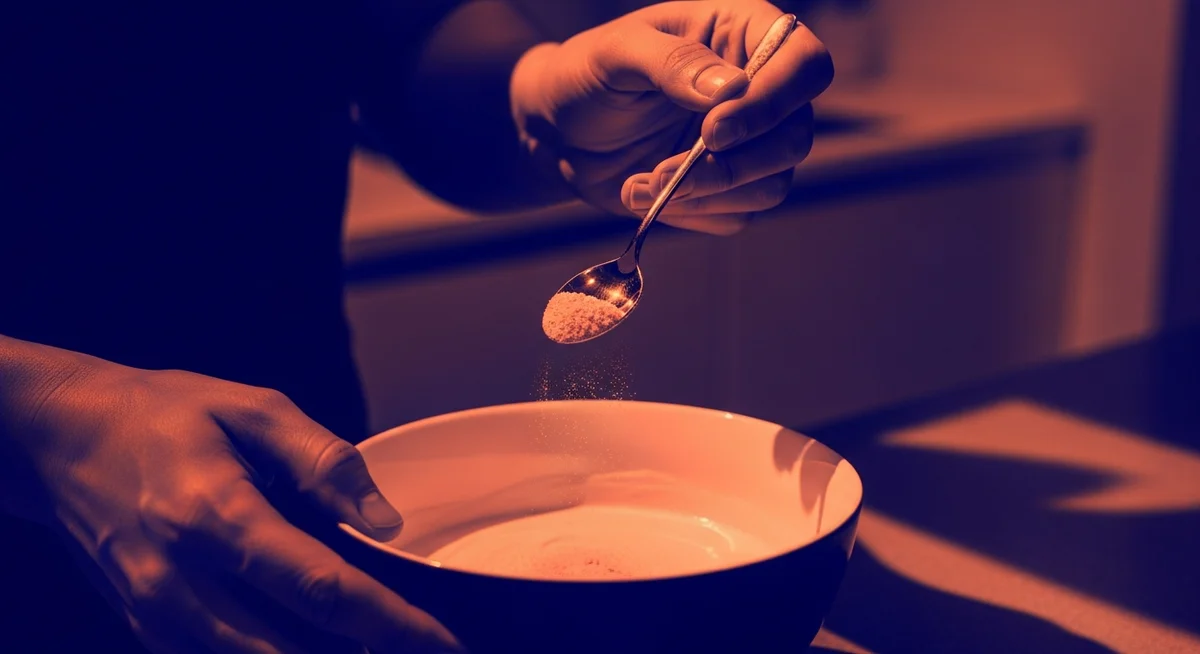 A duotone close-up of hands precisely measuring a powder into a bowl, emphasizing gelatin dosage.