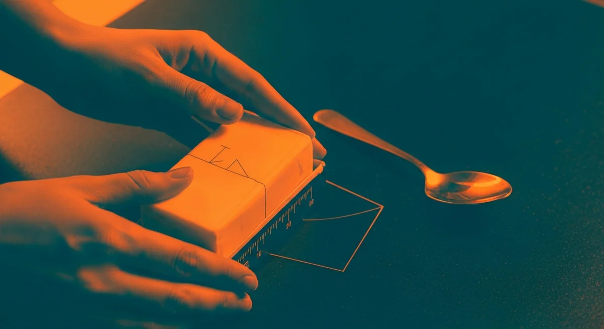 A duotone image of hands holding a block of butter with measurement markings on its packaging, on a kitchen counter, in deep teal and vibrant orange/yellow.