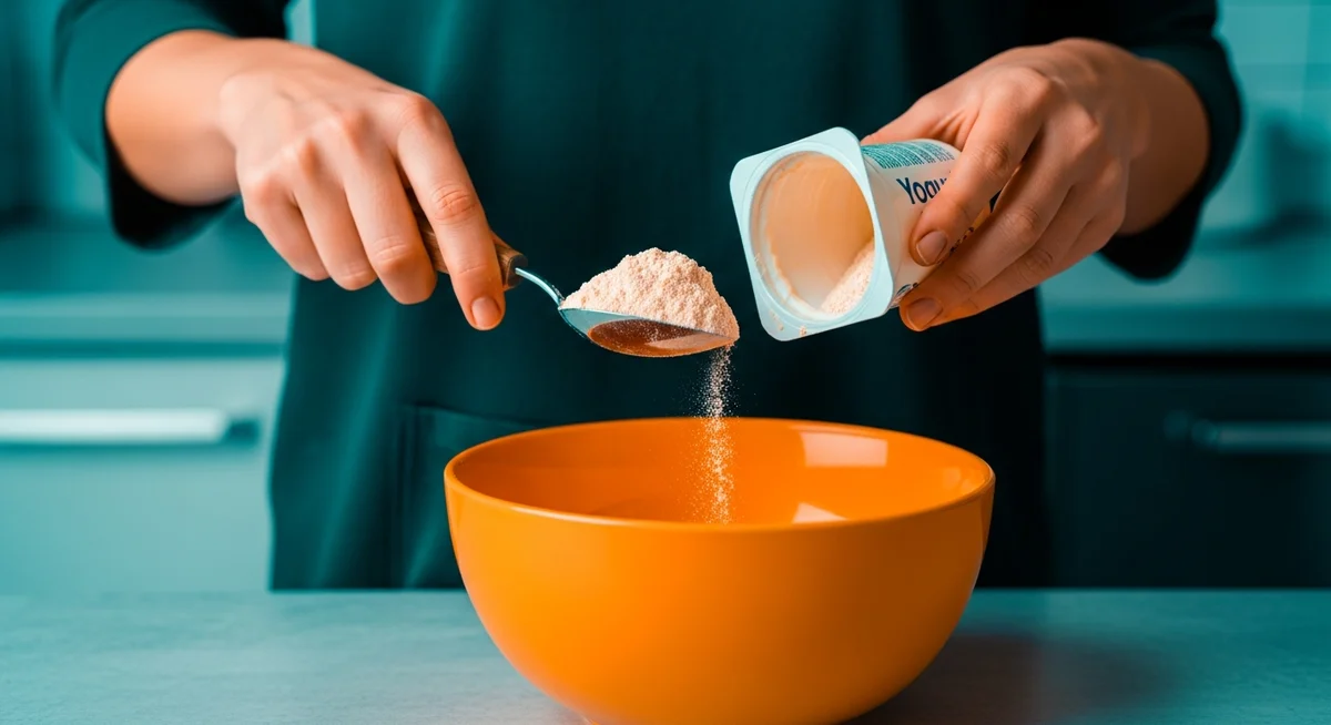 A duotone image of hands using an empty yogurt pot to measure ingredients into a mixing bowl on a kitchen counter, in deep teal and vibrant orange/yellow.