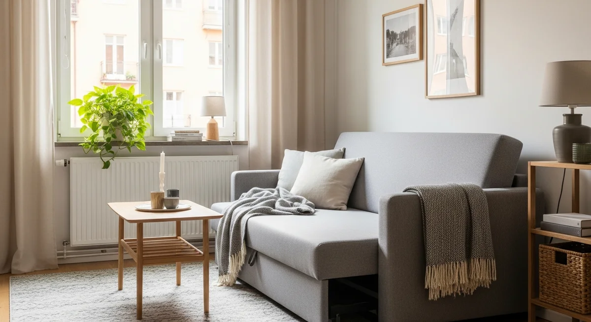 A neatly arranged sofa bed in a compact, sunny living room, showcasing smart space-saving furniture.