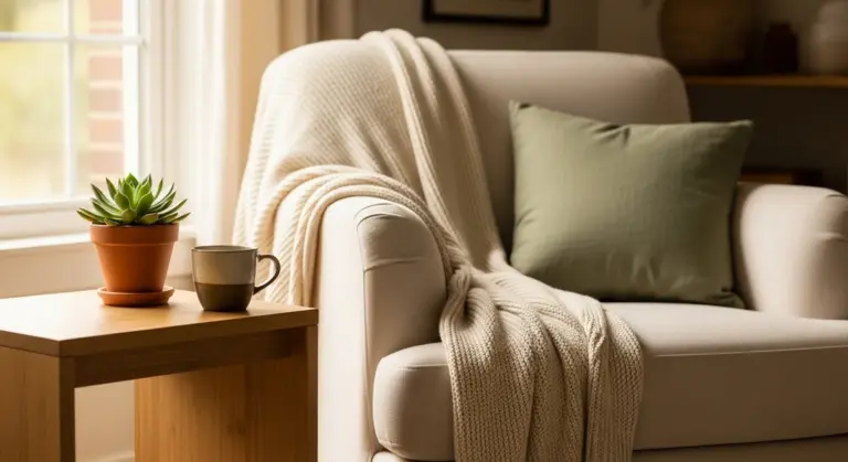 An armchair draped with a knit throw blanket sits next to a side table holding a potted succulent