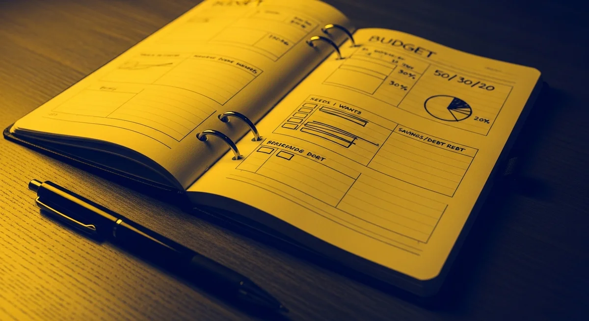 A high-contrast duotone image of an open budget notebook with a pen on a wooden surface, symbolizing financial planning and disciplined spending.