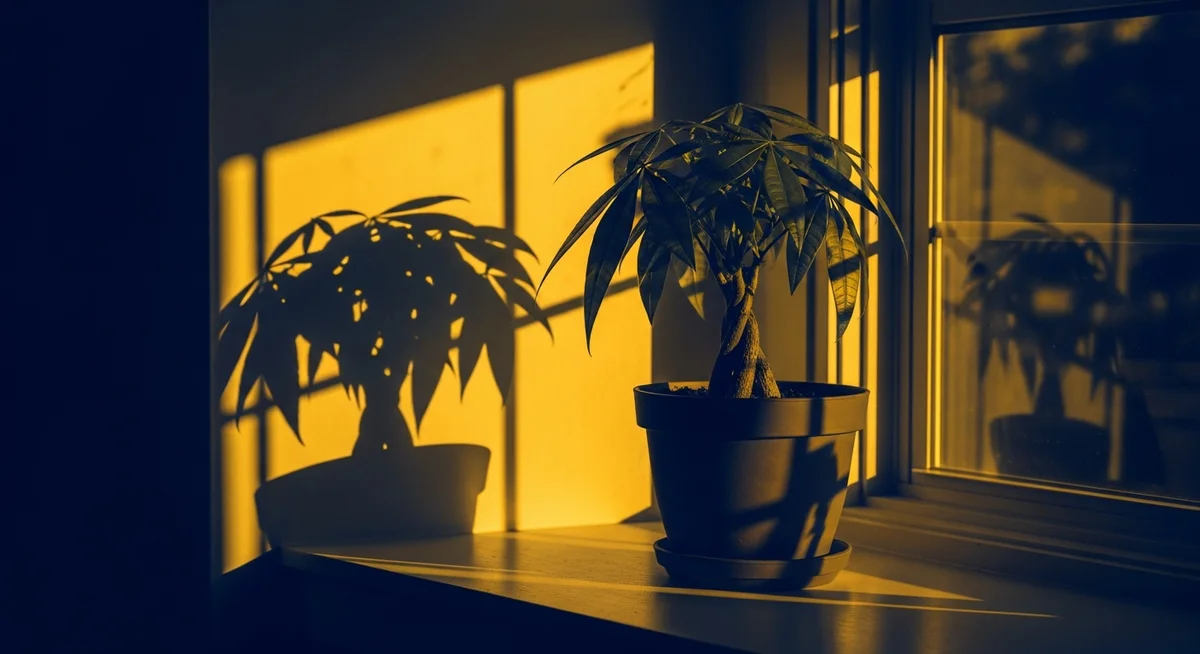 A high-contrast duotone image of a healthy plant on a sunlit windowsill, symbolizing financial growth and long-term investment.