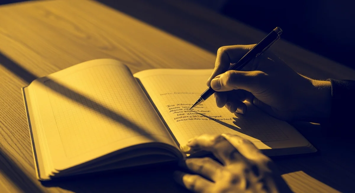 A duotone image of hands writing in an open planner, symbolizing crafting a concise professional narrative.