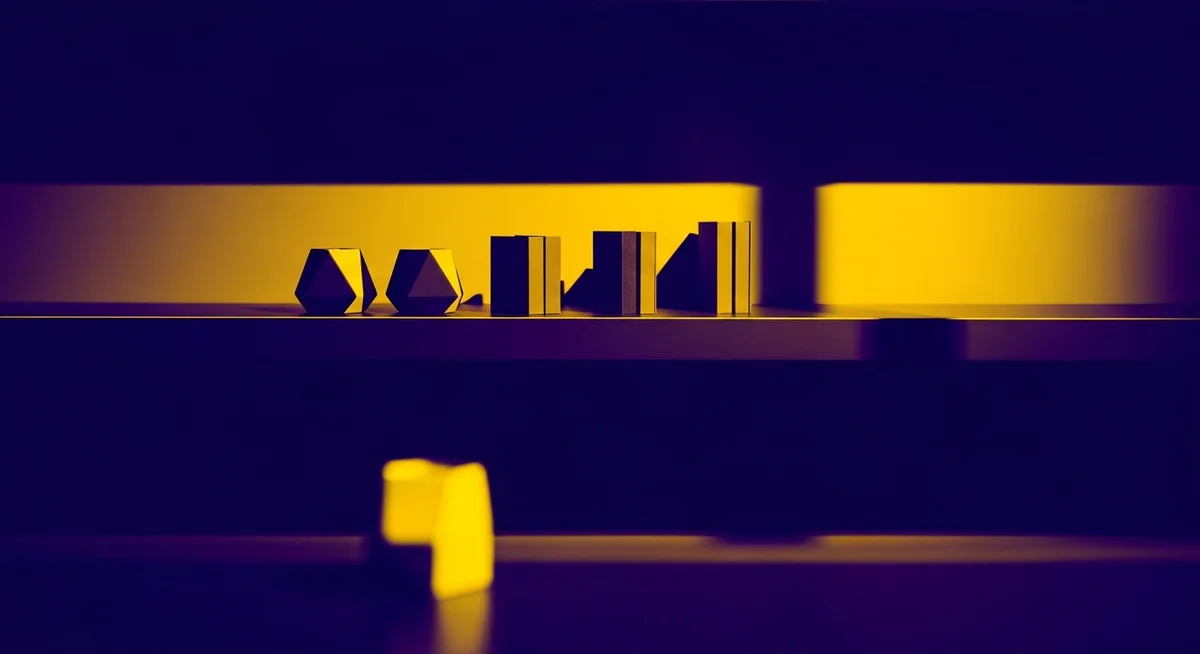 A duotone image of a tidy shelf with a subtle, brightly accented 'red flag' item, symbolizing avoiding pitfalls.