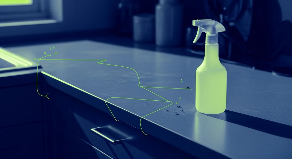 A duotone illustration of a spray bottle on a kitchen counter with abstract, disappearing ant trails.