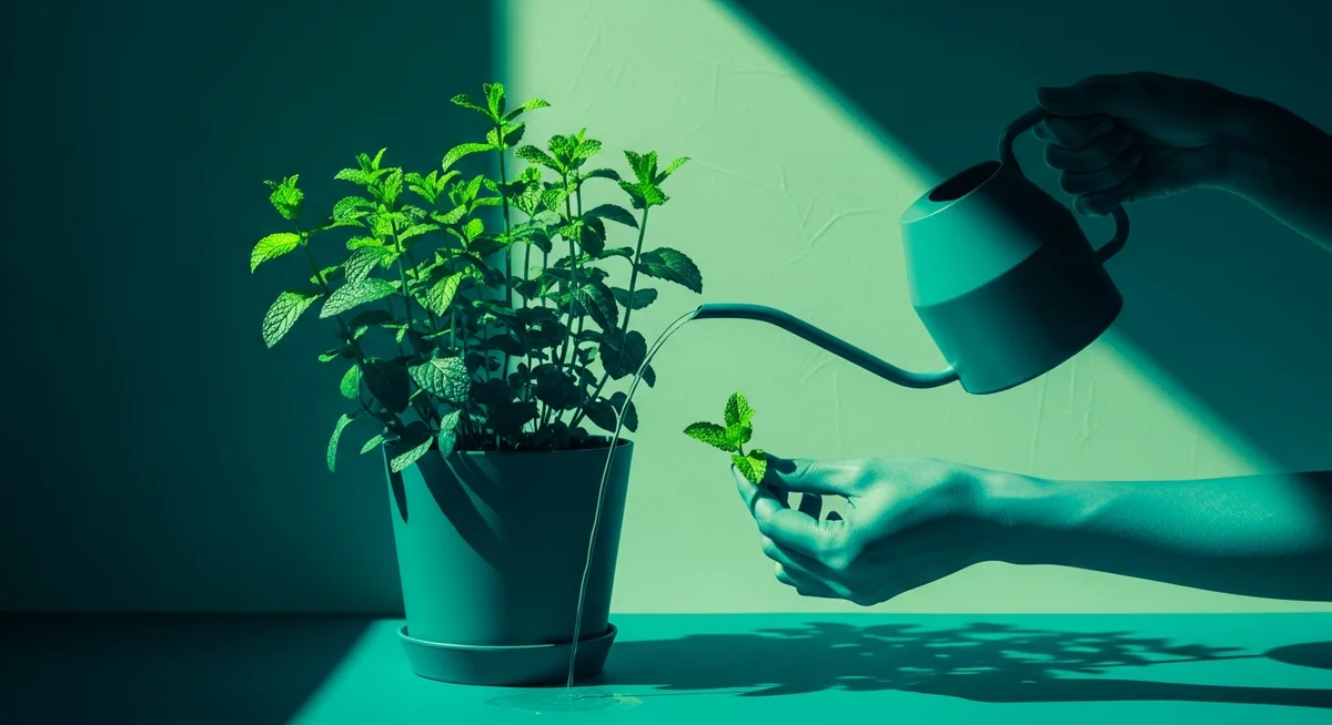 A lush potted mint plant on a windowsill, being gently cared for, depicted in a duotone style.