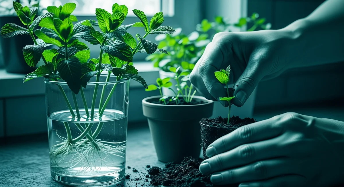 Close-up of hands propagating mint cuttings, some in water, some in soil, in a duotone style.