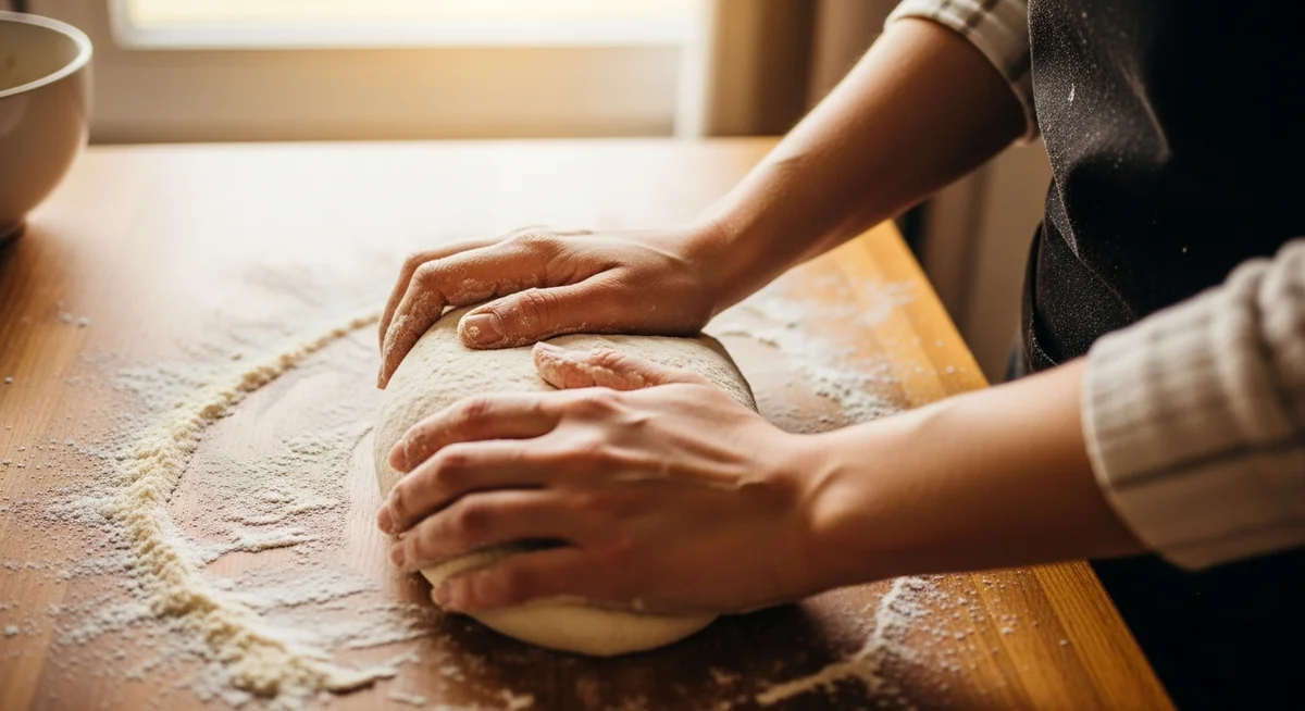 Close-up of hands gently kneading dough on a wooden counter, bathed in warm natural light.