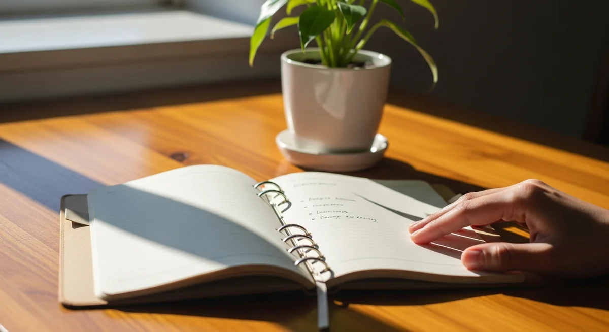 An open planner notebook with handwritten notes on a wooden table, next to a small potted plant, under warm natural light.