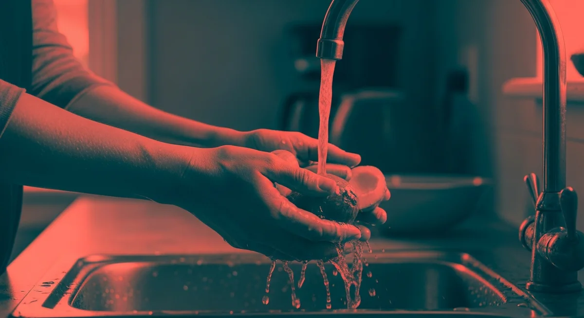 Duotone image of non-recognisable hands washing fresh vegetables on a kitchen counter.
