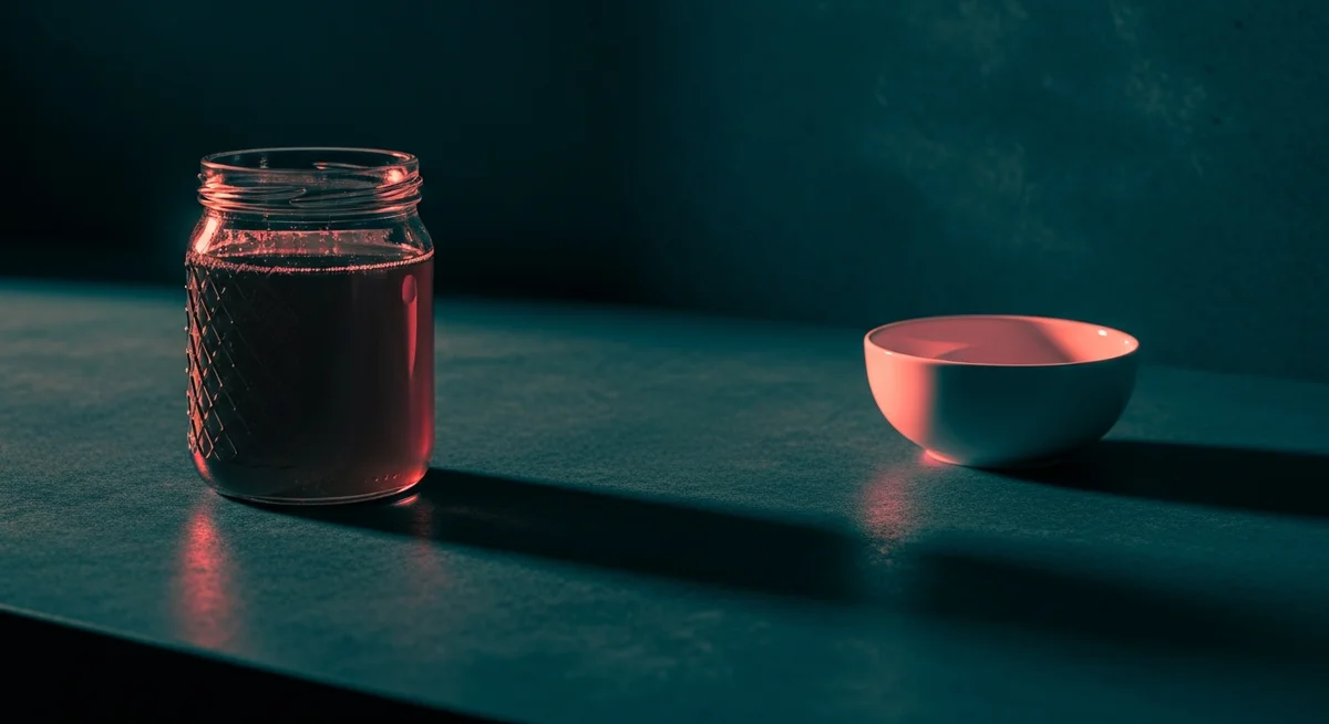 Duotone image showing a jar of honey placed away from a baby food bowl on a kitchen counter.