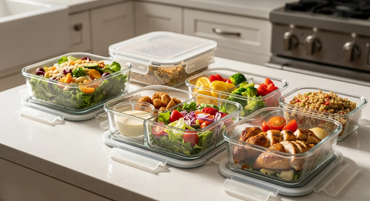 Neatly organized clear glass meal prep containers filled with fresh, colorful food on a kitchen counter in warm daylight, ready for storage.