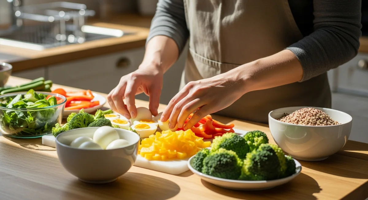 Hands arranging resilient meal prep ingredients like cooked quinoa, eggs, and chopped vegetables on a kitchen counter in warm daylight.
