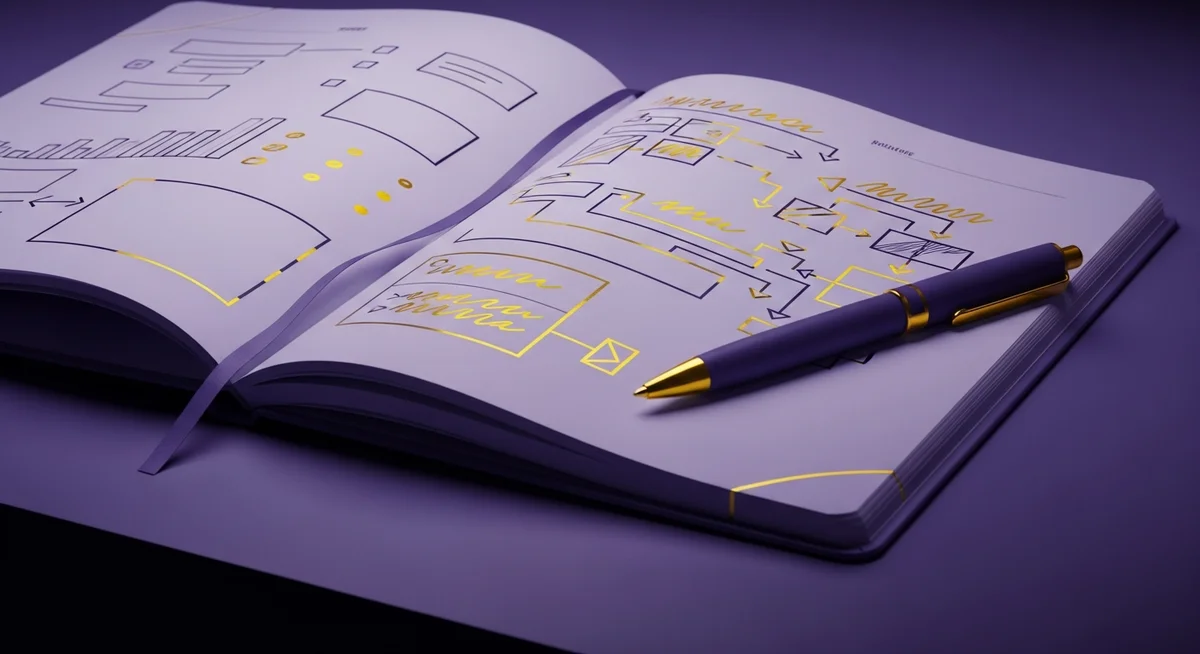 A duotone image showing an open planner with a pen, symbolizing strategic preparation and practice.