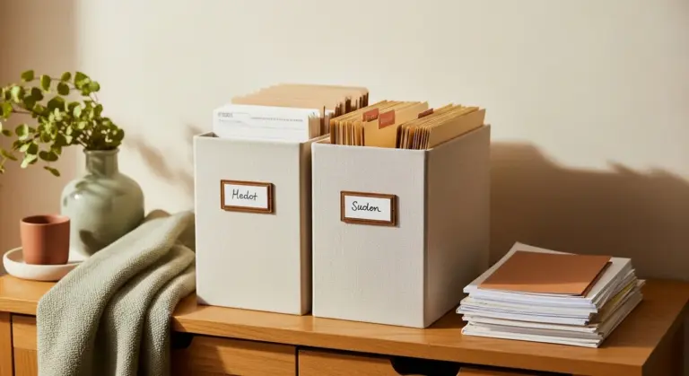 Two fabric file boxes labeled Medot and Suden sit on a wooden desk with papers, a plant, and cloth