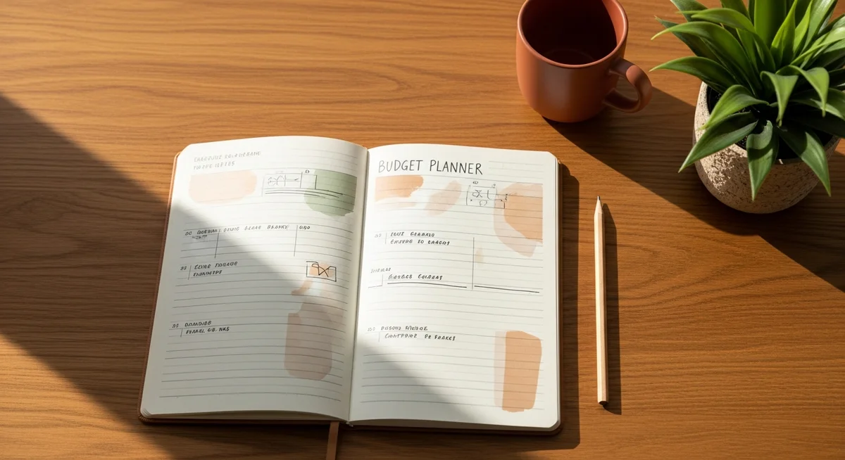 Open budget planner on a wooden desk with a potted plant, a pencil, and a ceramic mug