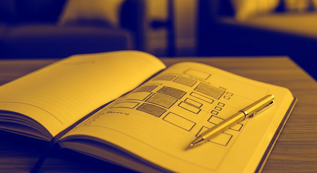 A duotone image of an open financial planner with a pen, symbolizing a stable financial foundation.
