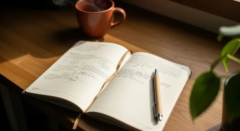 Open notebook with handwritten notes and a wooden pen resting on a wooden desk near a steaming mug