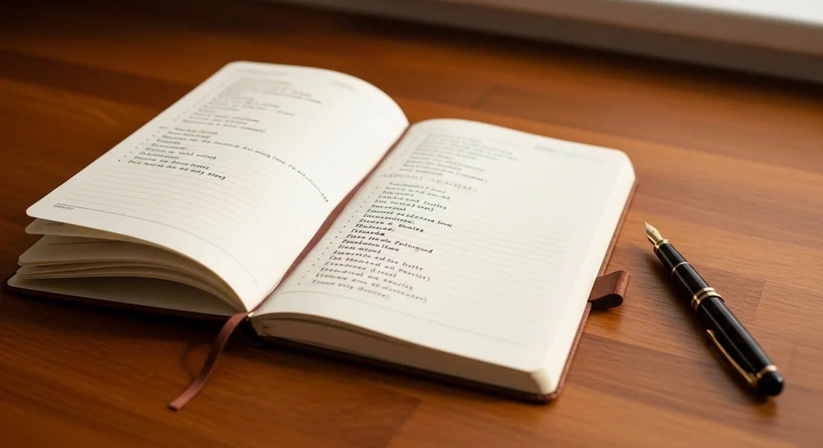 An open notebook on a warm wooden kitchen counter, showing a neatly handwritten outline with a fountain pen beside it.