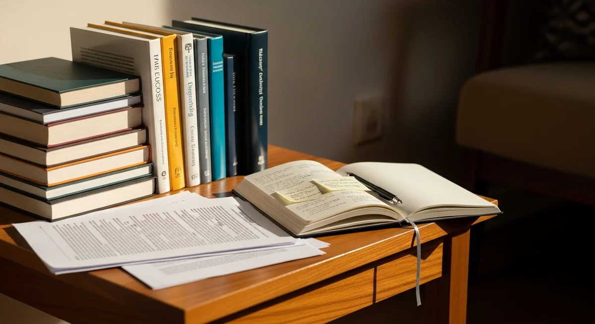 Neatly arranged academic books and an open notebook on a polished wooden surface in a cozy living space.