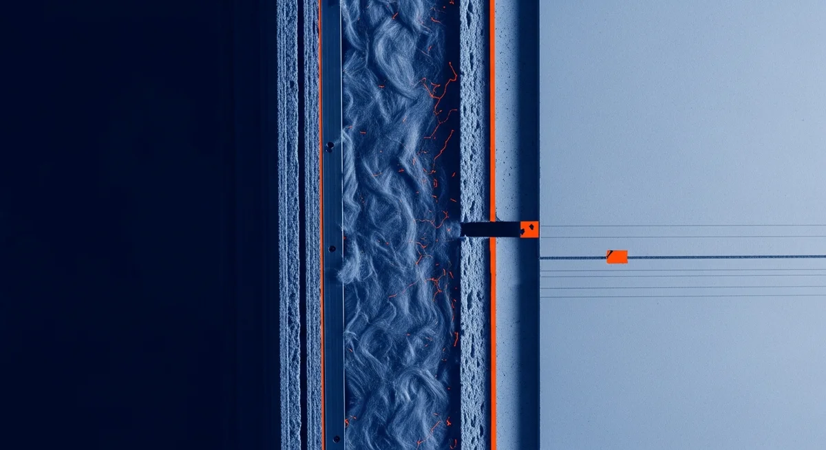 Abstract, layered illustration of an insulated interior wall section.