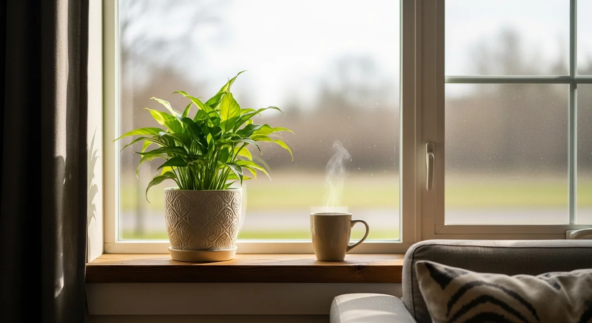 Cozy living space with a plant on a sunlit windowsill.