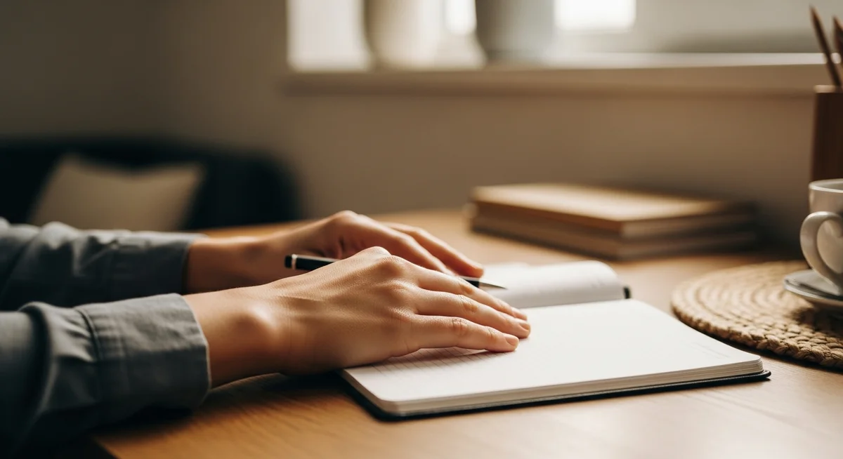 Hands reviewing a planner on a counter in a sunlit home.