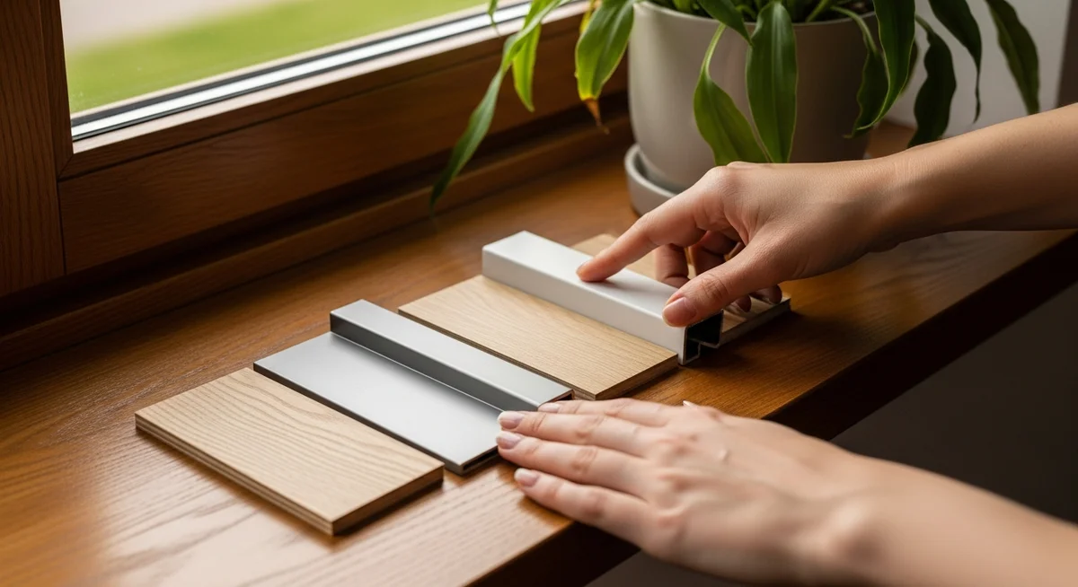 Hands gently touch samples of wood, aluminum, and PVC on a sunlit windowsill next to a potted plant.