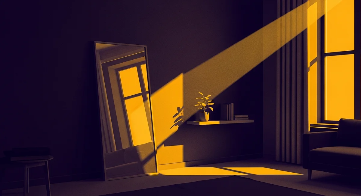A duotone image of a mirror reflecting bright light in a minimalist living space, illuminating a plant.