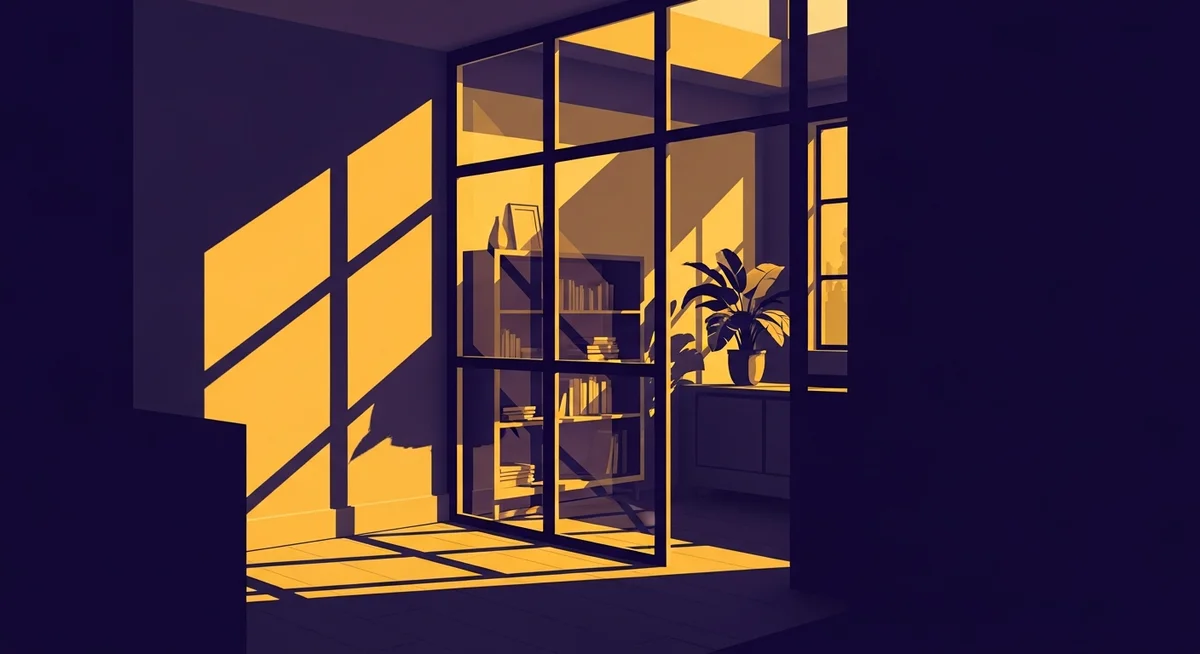 A duotone image of a glass partition in a modern home, letting light into a dark space.