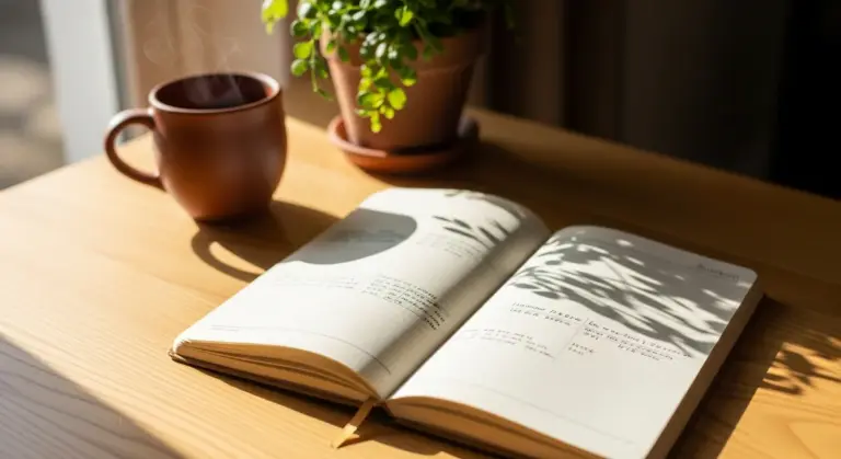 Open notebook, steaming mug, and potted plant on a wooden desk