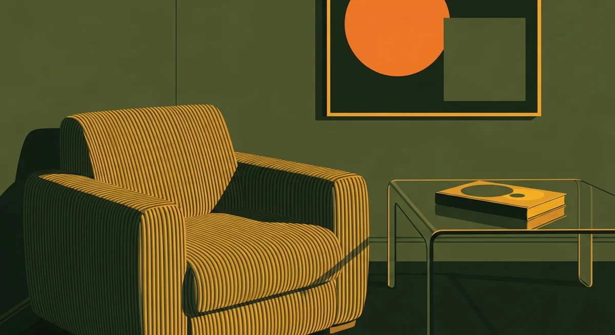A stylish corduroy armchair next to a smoked glass coffee table, evoking a vintage 70s modern aesthetic, rendered in deep green and bright yellow duotone.