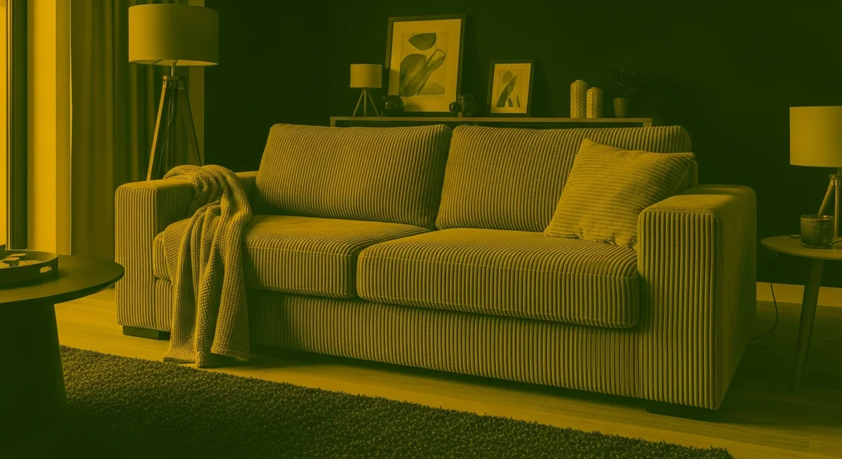 A stylish corduroy sofa with a throw and cushion, central in a modern, organized living room, rendered in deep green and bright yellow duotone.