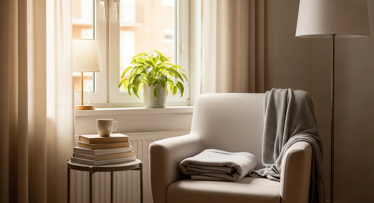 A sunlit, organized living room with a healthy plant on the windowsill, conveying a sense of calm and fresh air.
