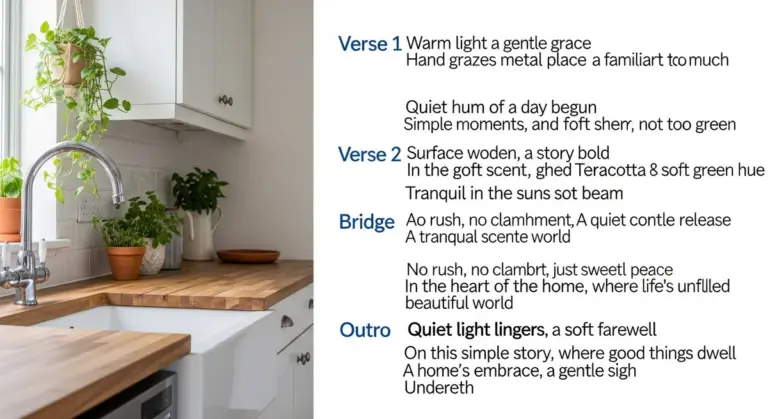 A kitchen sink with a metal faucet, potted plants, and wooden countertops, beside text containing song lyrics