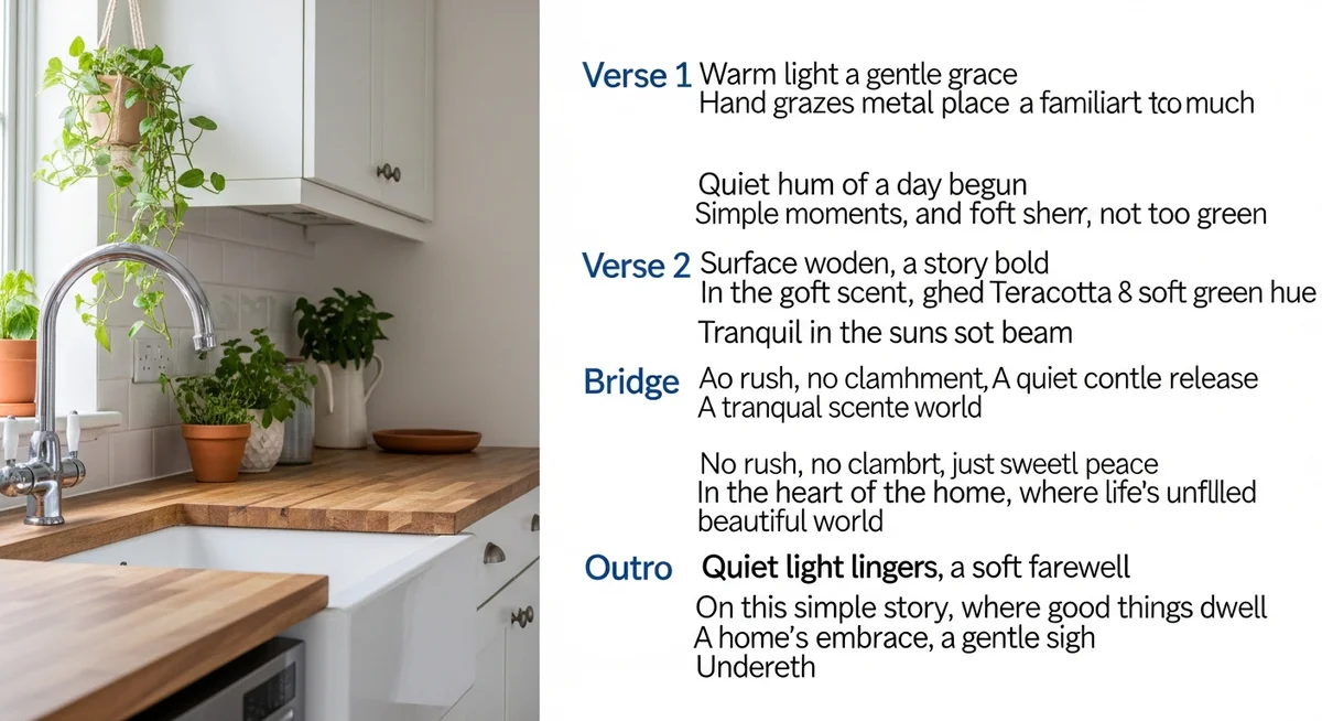 A kitchen sink with a metal faucet, potted plants, and wooden countertops, beside text containing song lyrics