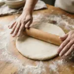 Hands rolling dough with a wooden rolling pin on a flour-dusted wooden surface next to a bowl of flour
