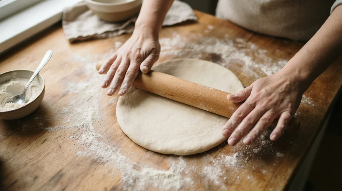 Hands rolling dough with a wooden rolling pin on a flour-dusted wooden surface next to a bowl of flour