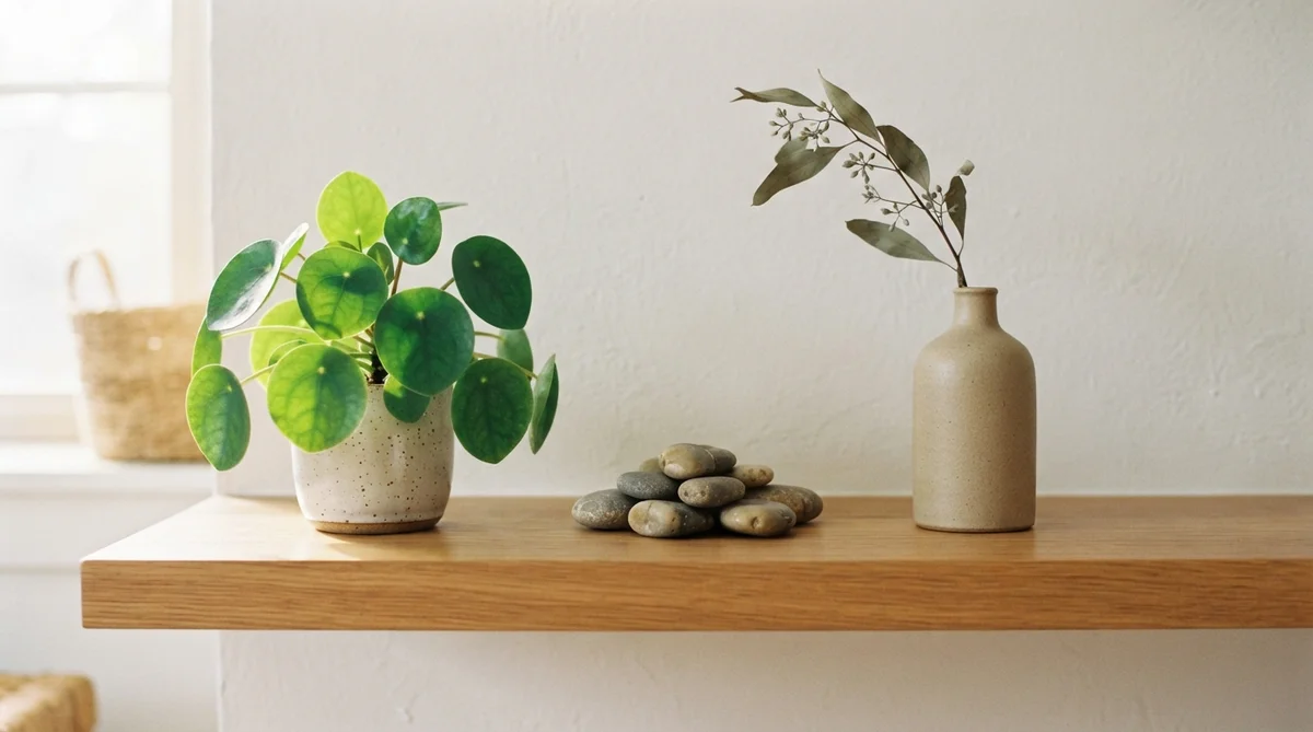 A plant in a speckled pot, a pile of smooth stones, and a branch in a vase on a shelf