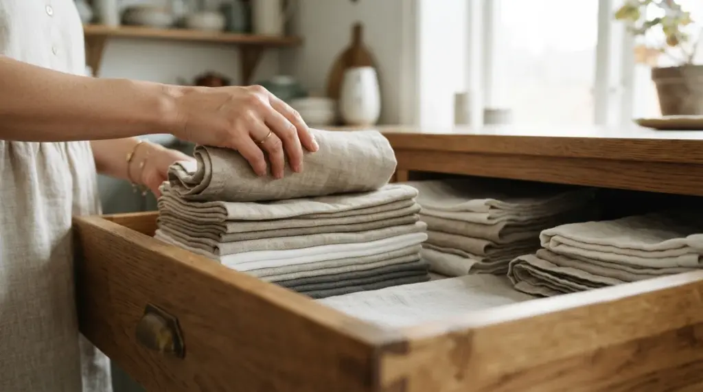 A hand gently places a beautifully folded natural linen cloth onto a neat stack inside a warm wooden cabinet drawer