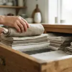 A hand gently places a beautifully folded natural linen cloth onto a neat stack inside a warm wooden cabinet drawer