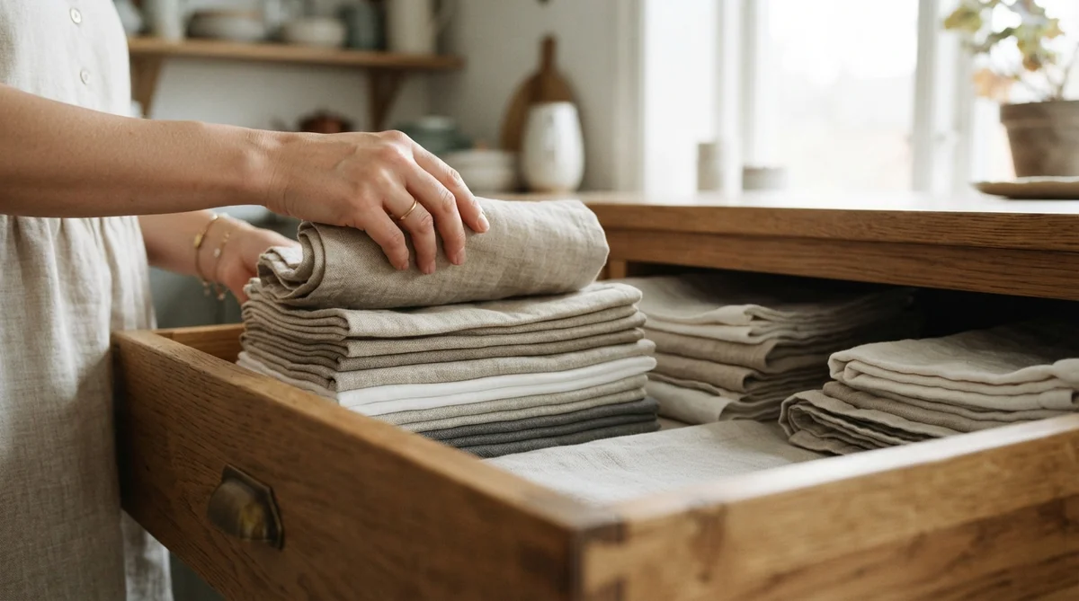A hand gently places a beautifully folded natural linen cloth onto a neat stack inside a warm wooden cabinet drawer